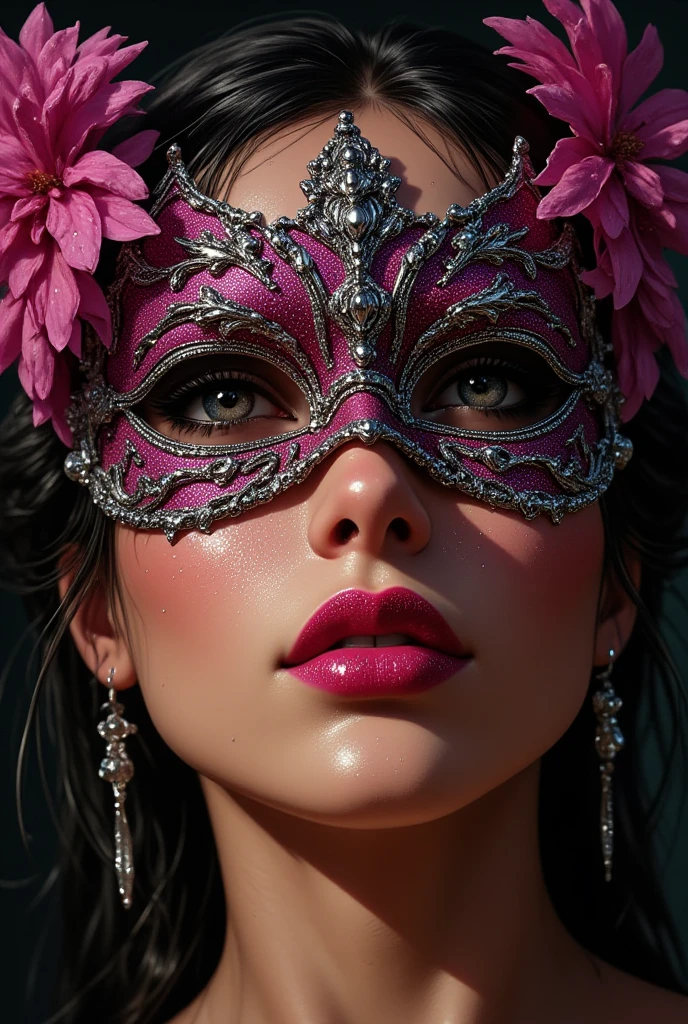 Illustration, Cinematic style, Beauty, Realism, Photorealism, High quality, play of shadow and light, Beauty, 
Hyperrealistic close-up portrait of a beautiful young woman, full lips, skin and mask reflect light, water droplets, adorned with a masculine avant-garde symmetrical mask of intricately woven spikes, with shimmering silver accents and bright silver dots. The mask is beautifully outlined with ornate fuchsia embroidery, enhancing its stunning appearance. Shining bright black petals add a cool contrast to the mask. The photo is taken from a dynamic angle, allowing you to directly see her expression and the intricate details of both the mask and the flower, illuminated by natural light, which creates a soft and inviting atmosphere, divine rays of light, particles of light, dark atmosphere,

