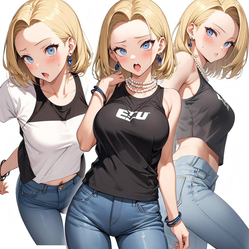 masterpiece, Best Quality, High resolution,16k,super detailed skin, (android 18),1990s \(style\),(E-cup beautiful breasts), (tall:1.2),height: 170cm,Fashion model body type,Sweating all over the body,{{muscular}}、1 girl,solo、(nsfw), blonde, blue eyes, (White T-shirt,jeans,black vest:1.5),Pearl_necklace, bracelet,{{ Short slicked back hair}},Earrings,(Cool face)、(Pointed Eyes),Big eyes,blush,cleavage,underboob,sideboob,Anime-style painting style,,A composition that shows the whole body,Captivating look,BREAK(white simple background),cinematic lighting,superfine,dynamic angle,(sexy,ahegao,vulgarity:1.2),closeup