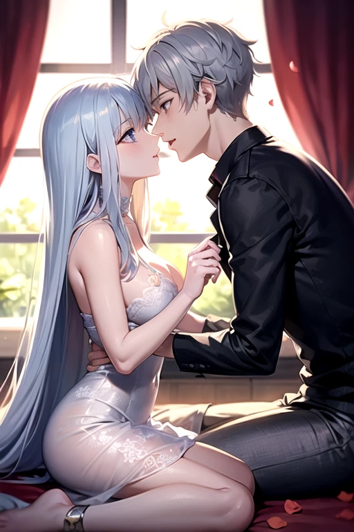 A girl with long hair wearing a dress goes on a date with a man wearing a suit
They hug very closely
They kiss
They go home