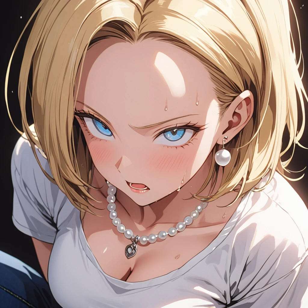 masterpiece, Best Quality, High resolution,16k,super detailed skin, (android 18),1990s \(style\),(E-cup beautiful breasts), (tall:1.2),height: 170cm,Fashion model body type,Sweating all over the body,{{muscular}}、1 girl,solo、(nsfw), blonde, blue eyes, (White T-shirt,jeans,black vest:1.5),Pearl_necklace, bracelet,{{ Short slicked back hair}},Earrings,(Cool face)、(Pointed Eyes),Big eyes,blush,cleavage,Anime-style painting style,,A composition that shows the whole body,Captivating look,BREAK(white simple background),cinematic lighting,superfine,(sexy,ahegao,vulgarity:1.2),closeup