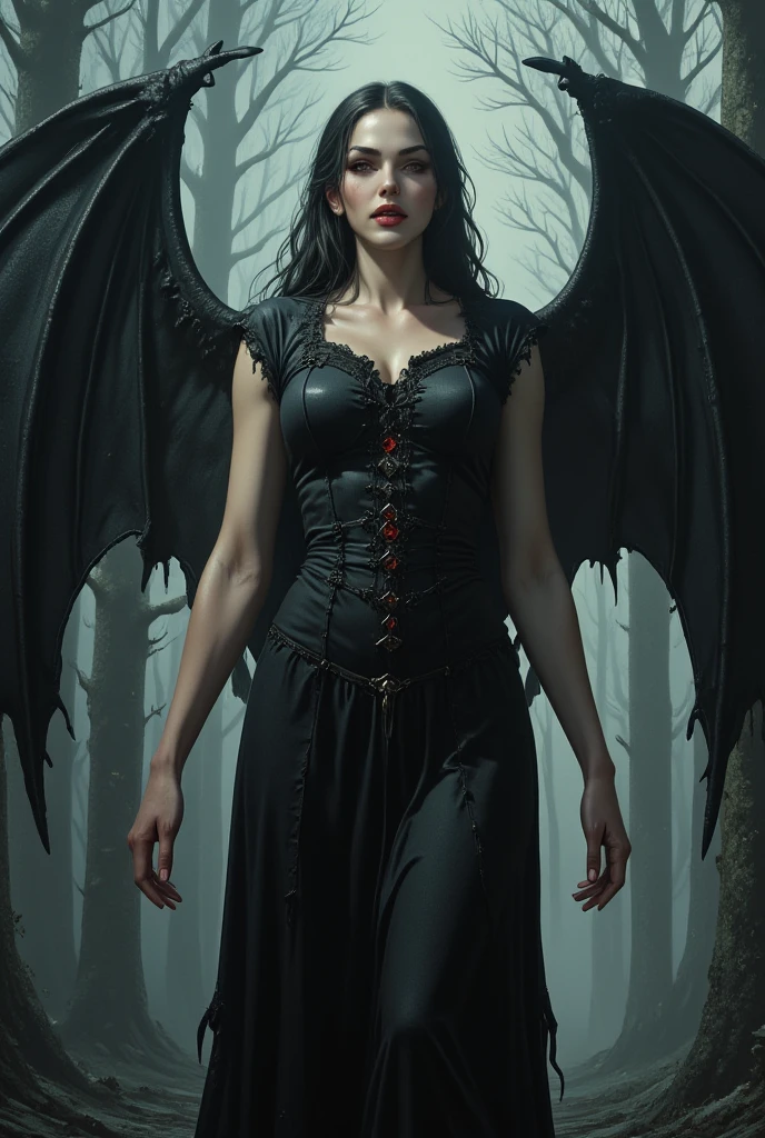 Illustration, Cinematic style, Beauty, Realism, Photorealism, High quality, play of shadow and light, 
A highly detailed illustration of a vampire girl with large, dark bat-like wings. She stands in a dramatic pose, with pale white skin and glowing red eyes. Her long black hair flows down her back, blending into the dark background. She wears a gothic black dress with intricate lace details, torn at the edges. Her fangs are visible, and she has a slight smirk, revealing her predatory nature. Her wings are outstretched, with sharp, bony structures, and veins glowing faintly red. The background is a dimly lit forest, with tall, dead trees and a heavy mist rolling in, adding to the eerie, dark atmosphere. watercolor, wet on wet, paintstreaks, watercolor painting, , illustration, cartoon, drawing, , horror show, monster, nightmare, fear

