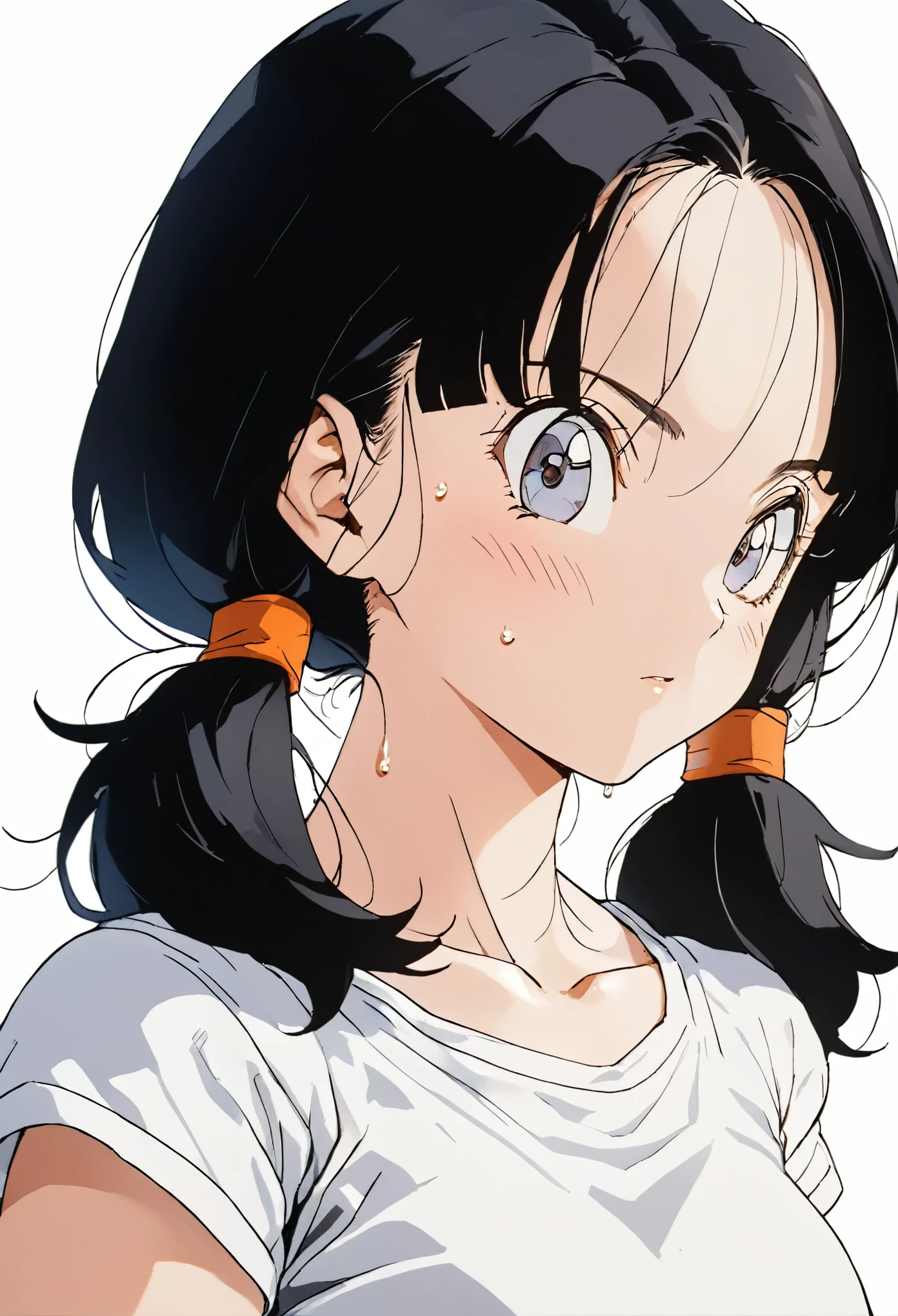 masterpiece, Best Quality, High resolution,16k,super detailed skin, (Videl),1990s \(style\),C cup beautiful breasts、height: 160cm,Sweating all over the body,athlete Muscular,sexy,1 girl,solo,Anime-style painting style,black short hair,low twintails hair,center parted swept bangs,forehead,boyish,Big eyes、Cool look,Pointed Eyes,White short sleeve T-shirt,Composition focusing on the upper body,blush,Showing cleavage,Anime-style painting style,,A composition that shows the whole body,Captivating look,Seductively Posing,(white simple background:1.5)