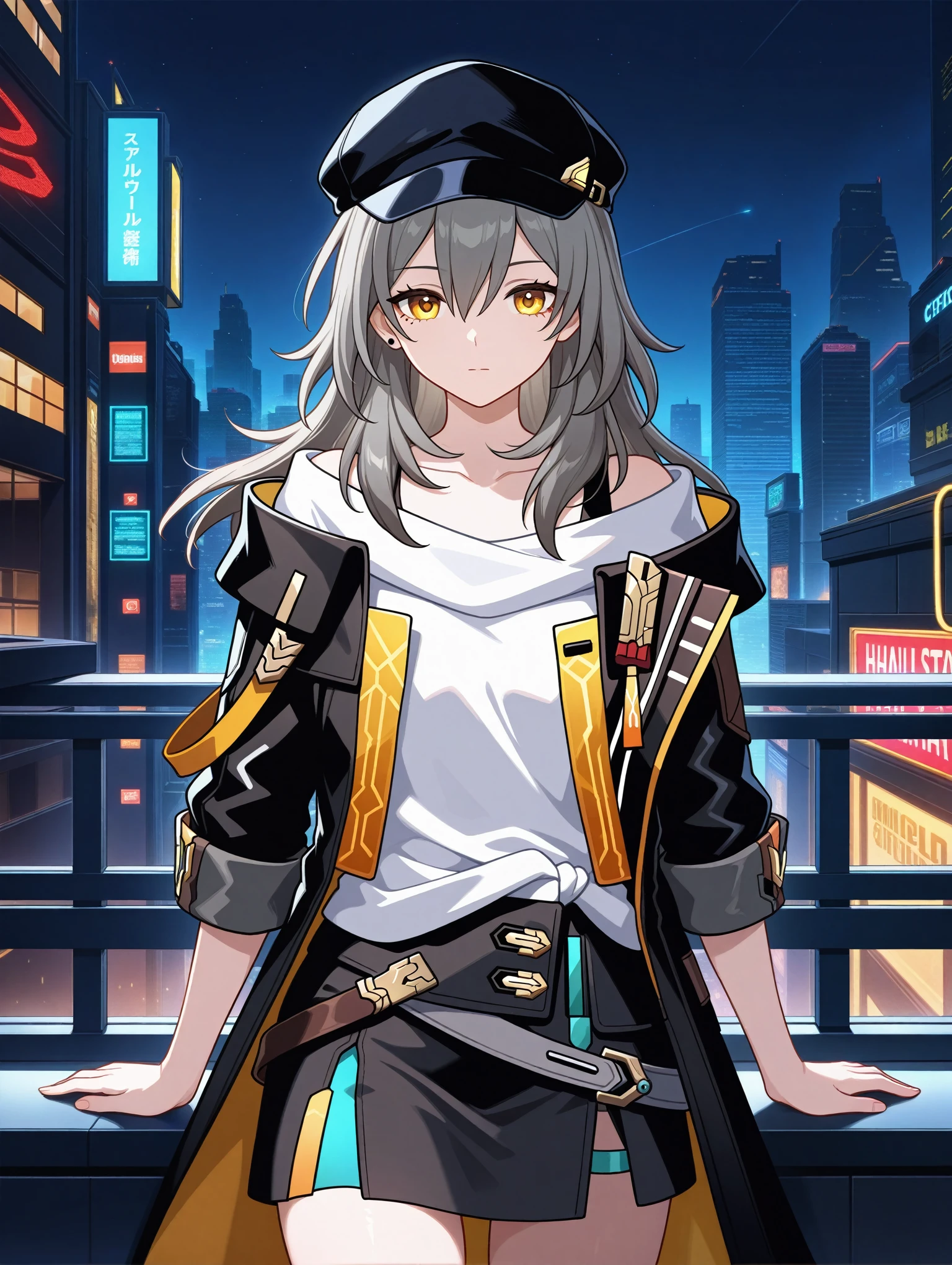 1girl,stelle \(honkai: star rail\), black skirt,flat chest, michael jackson,black jacket, buildings, cyberpunk, night, closed mouth,hat,