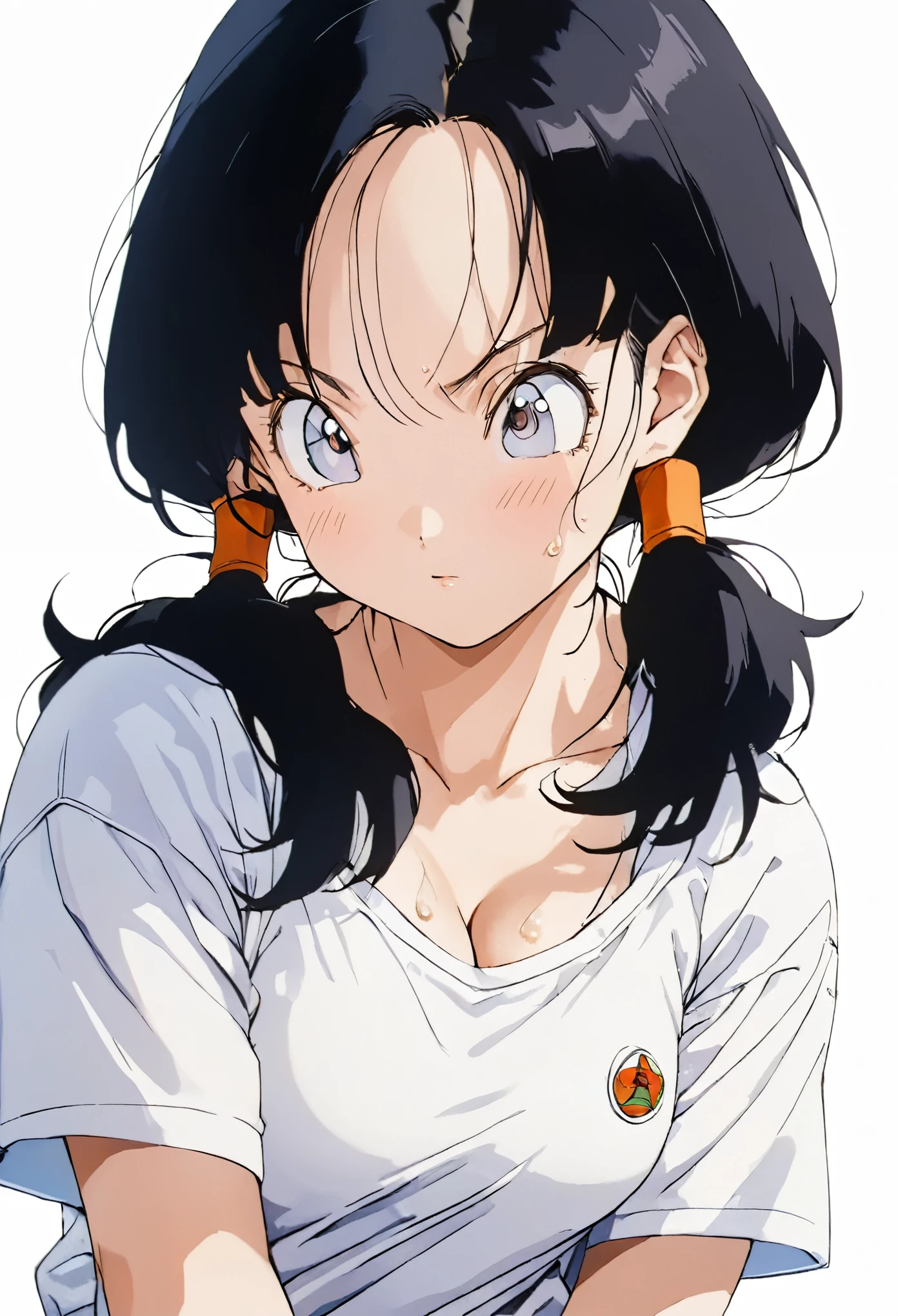 masterpiece, Best Quality, High resolution,16k,super detailed skin, (Videl),1990s \(style\),C cup beautiful breasts、height: 160cm,Sweating all over the body,athlete Muscular,sexy,1 girl,solo,Anime-style painting style,black short hair,low twintails hair,center parted swept bangs,forehead,boyish,Big eyes、Cool look,Pointed Eyes,White short sleeve T-shirt,Composition focusing on the upper body,blush,Showing cleavage,Anime-style painting style,,A composition that shows the whole body,Captivating look,Seductively Posing,(white simple background:1.5)