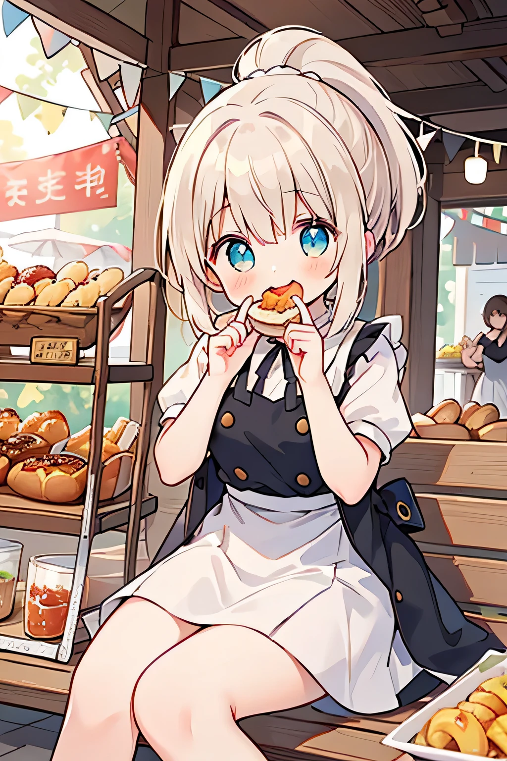 Best Quality、 high resolution on down、(High image quality:1.2)、(masterpiece:1.2)、 detailed background 、 beautiful face in every detail 、( detailed face:1.4)、detailed expression、( detailed eyes :1.2)、 anatomically correct、(Normal number of fingers:1.4)、Teenage beauty、 brightly colored hair color 、 bob cut、 ponytail、 well-groomed eyebrows 、 perfect body line、 seems to have a fun atmosphere、cute gestures、

( the moment when her eyes shine with delicious food in front of her eyes and happily press her cheeks with both hands:1.5)、
( enjoying the food festival :1.5)、( the girl who eats a variety of food :1.5)、

Sunny autumn day、 German food festival held in a Tokyo park 、Lush tree々under、 lots of food stalls are lined up 、 with people enjoying authentic German food and beer 々It's bustling with 、 she is dressed in a fluffy knit dress 、 talking with a smile A girl looking around the food stalls 、, her eyes are shining 、while sitting on the bench、 delicious bratwurst （German sausages） and the surroundings with a smile 、 festival 、 she takes a bite of the pretzels and enjoys the bustle of the 、「Hmm、Excellent！」 and showing a satisfied face 、 and German music plays in the surrounding atmosphere 、 a warm space where staff dressed in traditional costumes greet you with a smile 、cute