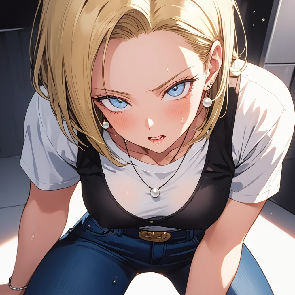 masterpiece, Best Quality, High resolution,16k,super detailed skin, (android 18),1990s \(style\),(E-cup beautiful breasts), (tall:1.2),height: 170cm,Fashion model body type,Sweating all over the body,{{muscular}}、1 girl,solo、(nsfw), blonde, blue eyes, (White T-shirt,jeans,black vest:1.5),Pearl_necklace, bracelet,{{ Short slicked back hair}},Earrings,(Cool face)、(Pointed Eyes),Big eyes,blush,cleavage,underboob,sideboob,Anime-style painting style,,A composition that shows the whole body,Captivating look,BREAK(white simple background),cinematic lighting,superfine,dynamic angle,(sexy,ahegao,vulgarity:1.2),closeup