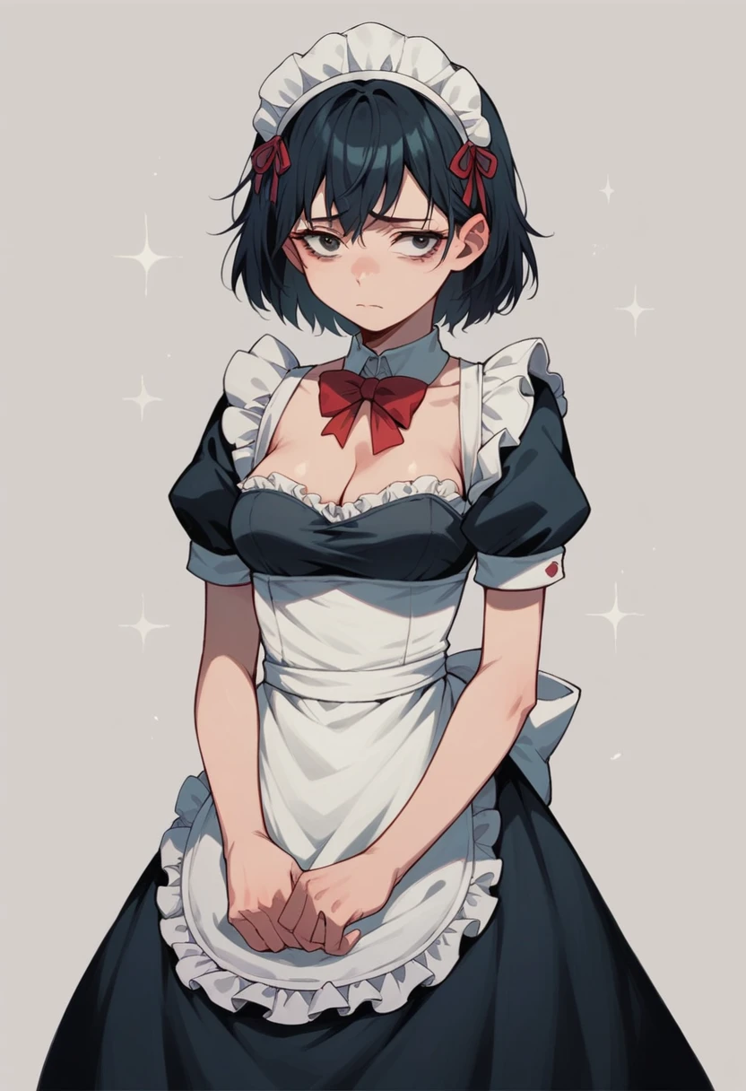 anime style, peni parker  , medium  breasts ,cleavage , sad, dark circles, standing in the maid uniform. 