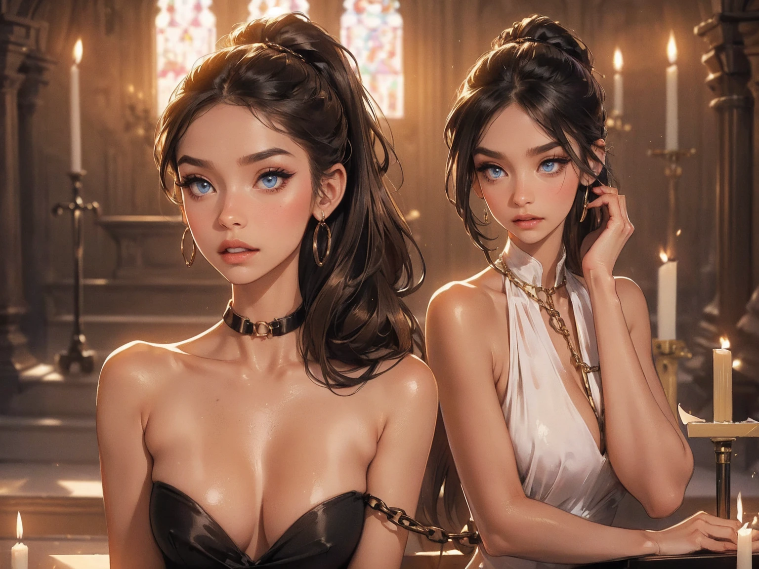 1girl,a beautiful fashion model ,(masterpiece, official art, best quality),long and shiny hair, black hair, long ponytail, hair strand between eyes, full lips, upturned nose ((((tan skin, bronze skin, 1.3)))), big breasts, stripping, elegant makeup, exhibitionism, naked in public, akali, slim thighs, toned body, shiny skin, sexy pose, blue eyes,(( (slender, skinny, slim))), gold hoop earrings, pink eyeshadow, cute face, (((demon ritual, chained to altar)))