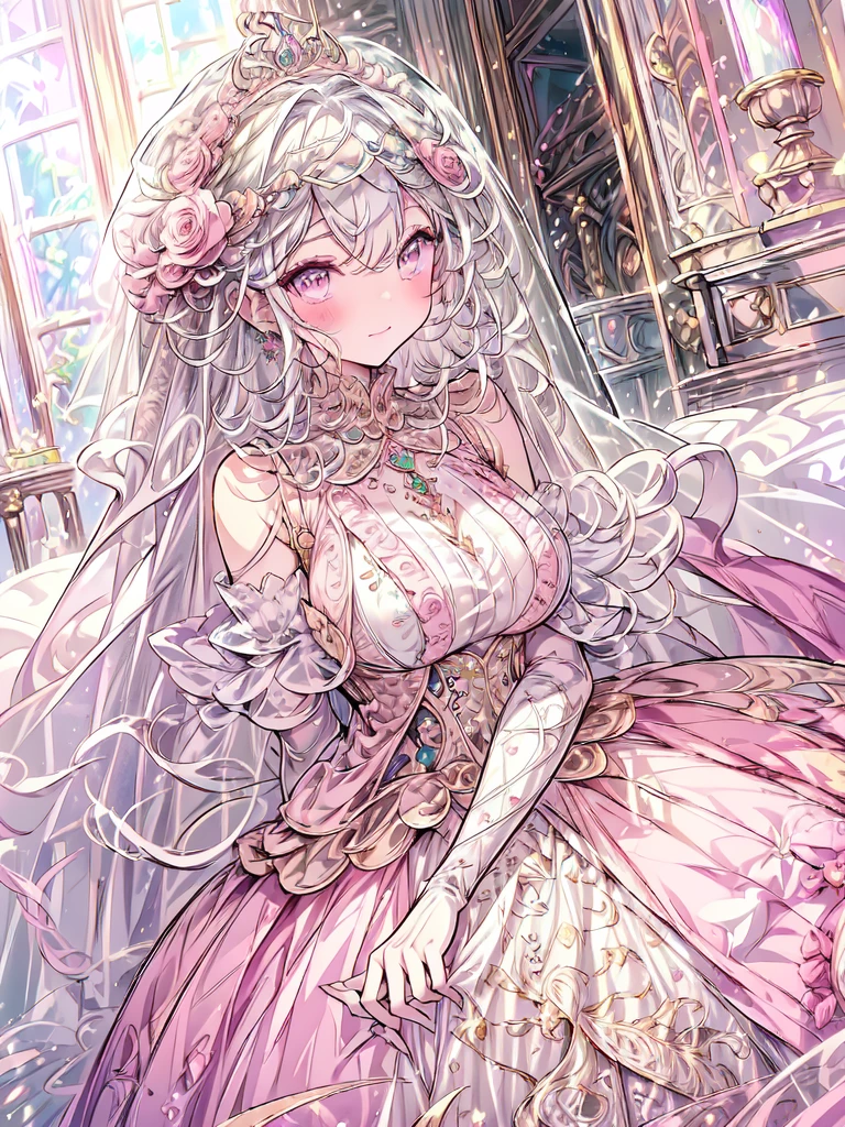 full dress shot, shot from above, (frontal-shot:1.5), full-body illustration, (((full body, depicts whole body, full body portrait, whole body))), portrait, 1girl, solo, cute pose, beautiful gorgeous captivating cute adorable princess, looking at viewer, cute blush, (blushing:1.5), heavy blush, (pink eyes:1.5) ,(((hyper detail delicate beautiful eyes , big eyes, clear eyes, extremely detailed))), (soft thin lines:1.2, beautiful, delicate and pretty face, young face, smiling), ((large amount of straight hair, extremely voluminous very long hair, absolutely long straight hair)), (white hair:1.5), (extremely gorgeous full hair ornament, bling-bling extremely gorgeous full jeweled tiara), (long bridal veil:1.2), (face veil:1.5), frilly collar, luxurious jewelry, skin dentation, pale skin, slim, (extremely gigantic large breasts:1.5), breasts cleavage, breasts focus, (((extremely detailed hands, delicate hands, beautiful hands, 5-fingers))), (frilly long gloves:1.5) (pure pink gown dress:1.5), (((pure pink lace and frills, dress with motif of ribbons and flowers, detailed gorgeous princess ballgown with voluminous full length hoop skirt, gorgeous princess long rococo ballgown with long train, gorgeous princess long rococo ballgown with beautiful embroidery and jeweled, extravagant gown))), (long train gown:1.2) , (puffy gown:1.2), (floor length gown:1.5), (gown trailing:1.2), (long sleeves gown:1), (pink laced leather corset:1.5), masterpiece, (Full-HD:1.5), (highres:1.5), (absurdres:1.5), (high quality:1.5), (high resolution:1.5), (best image:1.5), (ultra quality:1.5), HDR, 16K, 32K, (ultra resolution:1.5), (ultra detailed:1.5), (highly detailed:1.5), fantasy scene, dreamy fantasy, fantasy bedroom background, (standing:1.5), (glow, god rays, radiant, ethereal, dreamy, heavenly, otherworldly, dream-like, breathtaking, captivating, divine), (depth of field), sharp focus, vibrant lighting