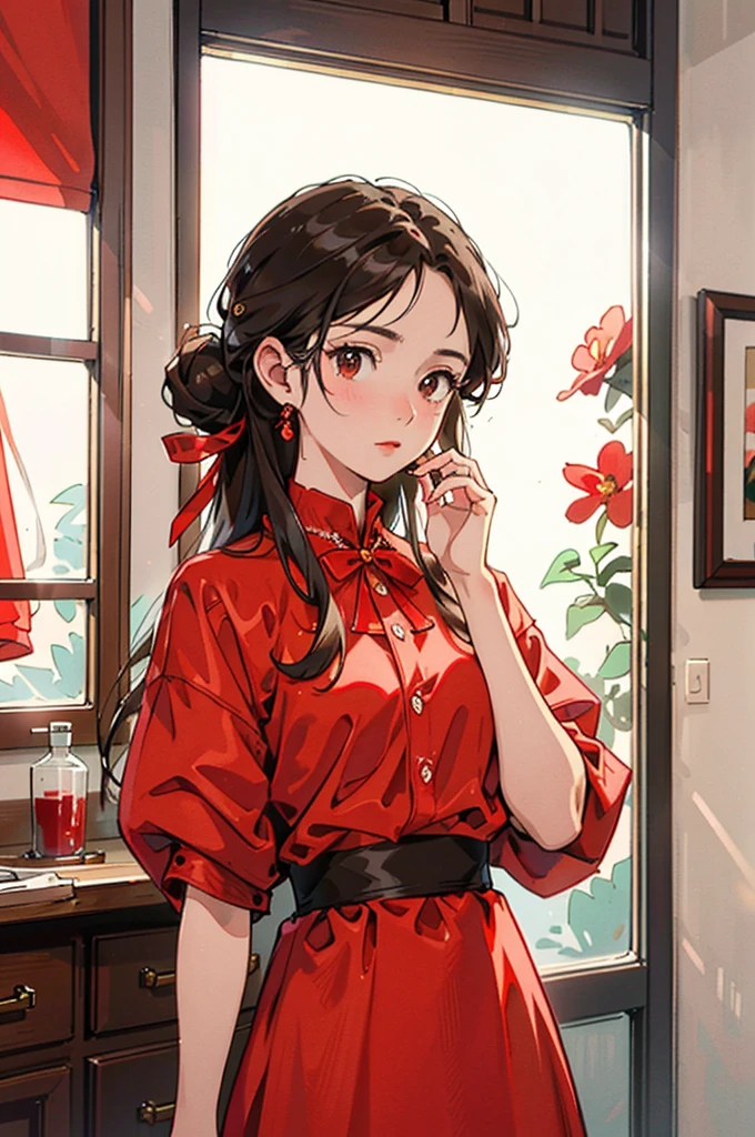 s of life ,  brown hair ,  Fair Skin,  actual ,  Long hair tied with a red ribbon,  light brown eyes ,  Red Dress , 8k image,  actual  human skin, Real images ,