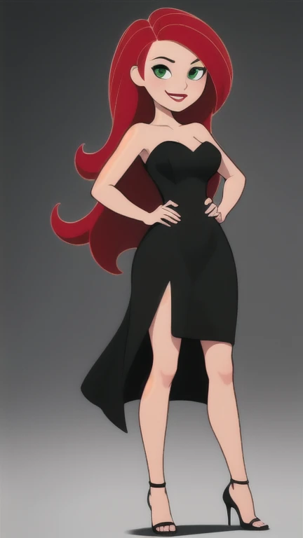 (masterpiece, best quality:1.3), 1girl, looking at viewer, , red lips, upper body, standing, collarbone, bare shoulders, blush, colored skin, Red hair, long hair, absurdly long hair, green eyes, big breasts, (skindentation:1.2), short strapless black dress, (black dress:1.2), hands on hips, pantyhose, red high heels, (high heels:1.2), smile, tentacle attack