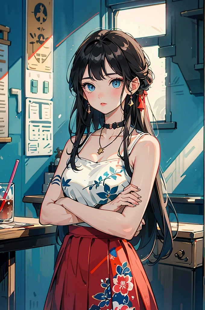  conceptual art,2D anime style, hand-painted art ,1 Girl, alone ,Jewelry,necklace,ring,Long hair,Heart, looks at the audience,Lips,cup,Vague,  graffiti with crossed arms,skirt, drinking glass , blue eyes,Bokeh, upper body,blond,breast,curls,bar (place),Alcohol,Depth of Field,bare shoulders,Vague background, brown hair ,eyelash,table,Heart necklace,red skirt,