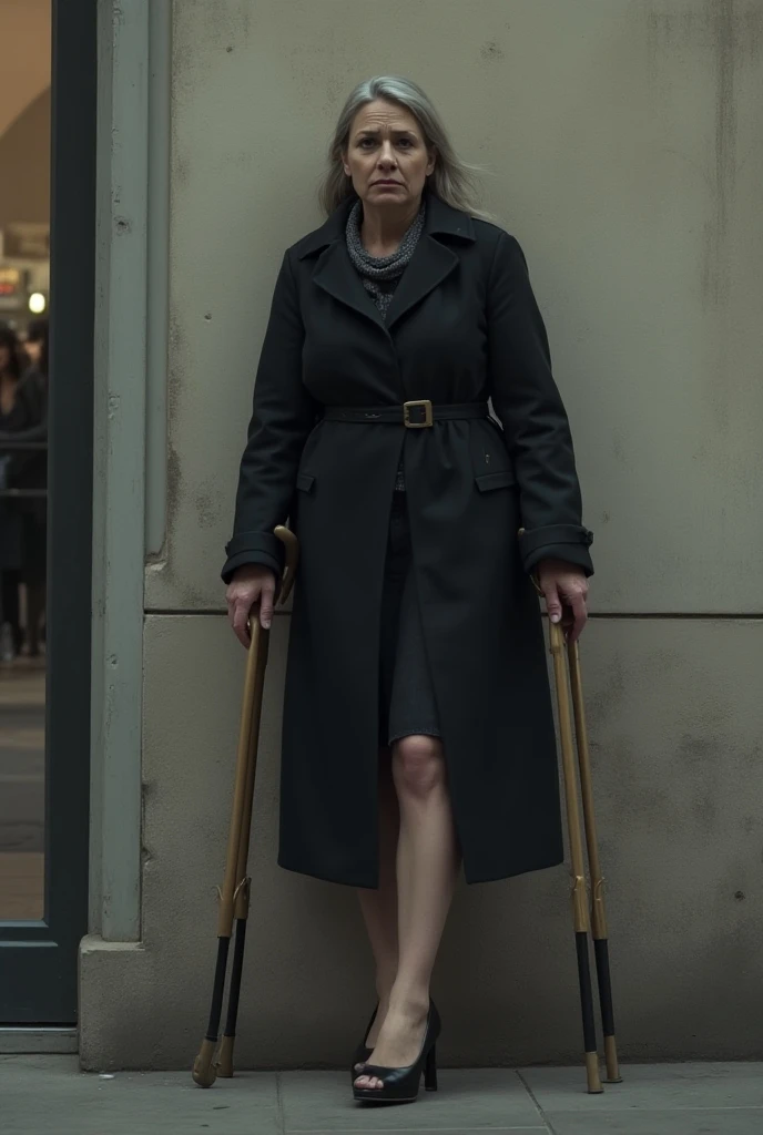 A one-legged woman, 35 years old, stands against the wall. She leans heavily on crutches. A one-legged woman is wearing a coat. (Only one leg is visible from under the coat: 1.5). The foot is wearing shoes with heels. A woman lost her leg under a train.  A woman begs for alms. A rich man takes pride in doing a good job