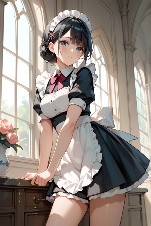 Black Hair, maid clothes,Thighs,Mansion,Maid knitting on the windowsill, anime style
