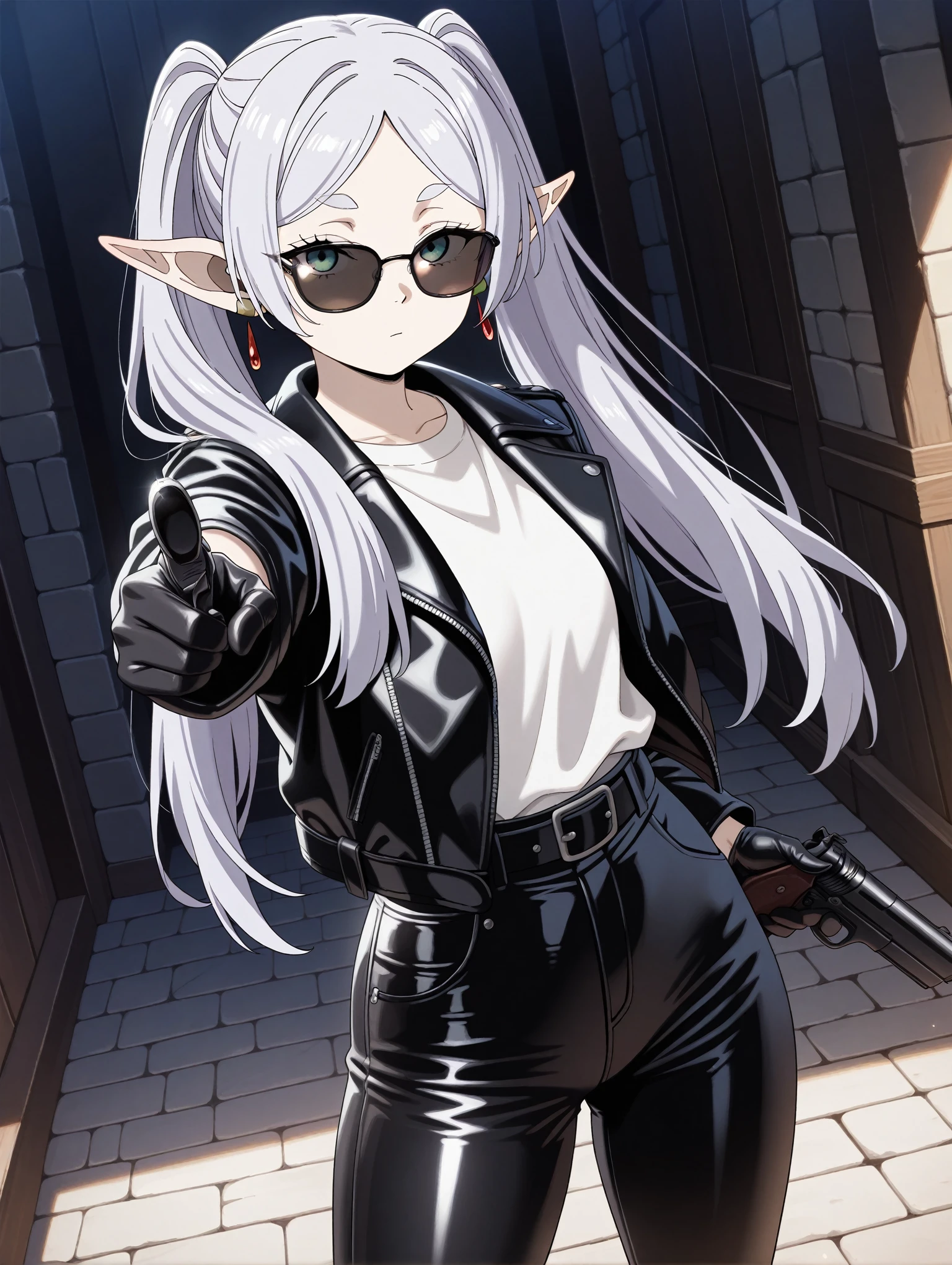 1girl, frieren, sunglasses, black leather jacket, white shirt, black leather pants, black gloves, (handgun, pointing at viewer,:1.4), masterpiece,best quality,amazing quality,very aesthetic,absurdres,newest,