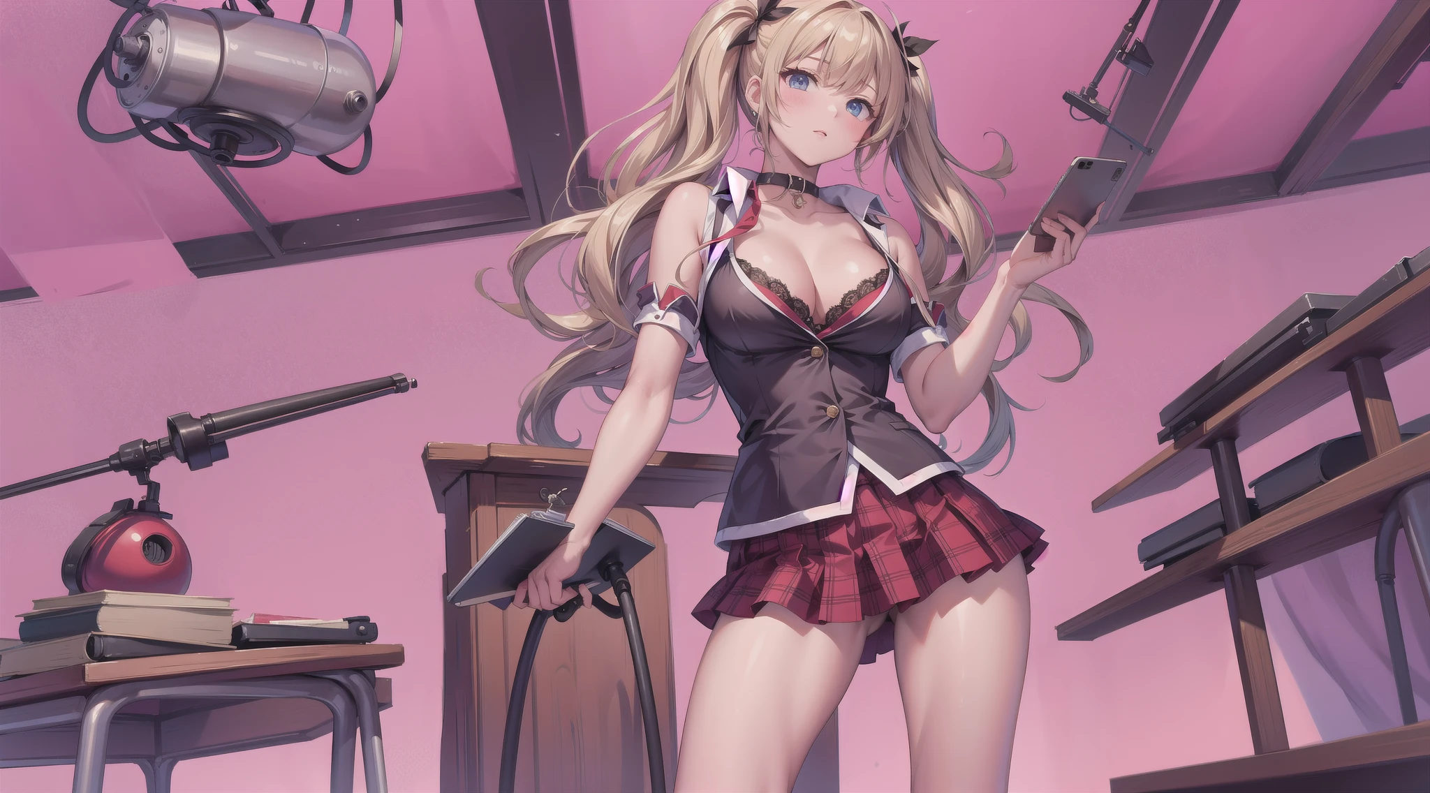 8k,masterpiece, bset quality,big, (1 girl), Power from chainsaw man, yellow_eyes, blonde hair, long hair, professional lighting, (shiny skin: 1.2), shiny big, ((best quality)), sharp focus: 1.2, highly detailed face and skin texture, detailed eyes, perfect face, perfect body, blur art, cg, background, Big breasts, presence (20yo, mature cool and beautiful face), wearing ((pink skirt), white taut shirt, thigh), blush, (mittgal), random pose, top view, perfect eye, angry face, red little horns.