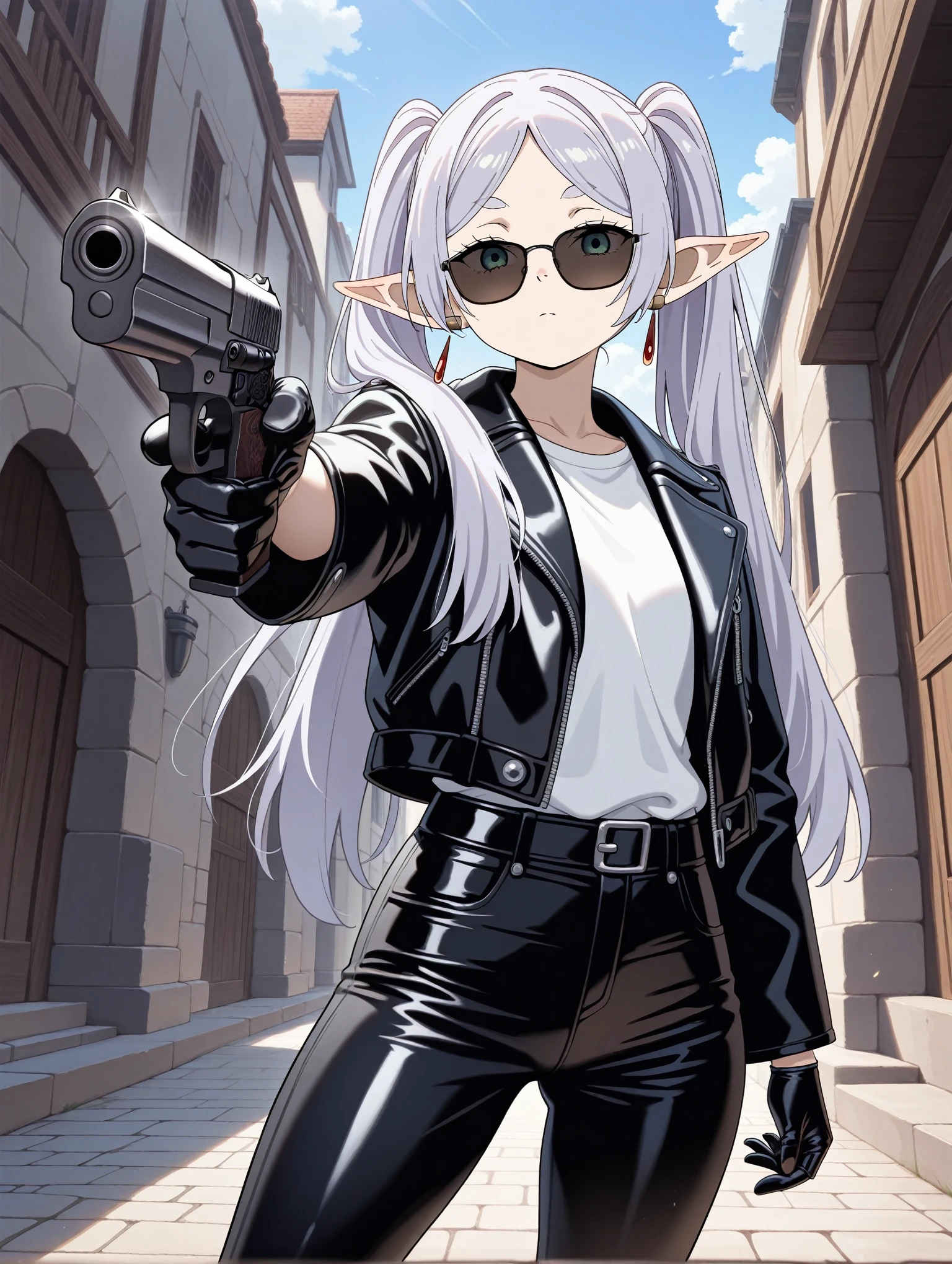 1girl, frieren, sunglasses, black leather jacket, white shirt, black leather pants, black gloves, (handgun, pointing at viewer,:1.4), masterpiece,best quality,amazing quality,very aesthetic,absurdres,newest,