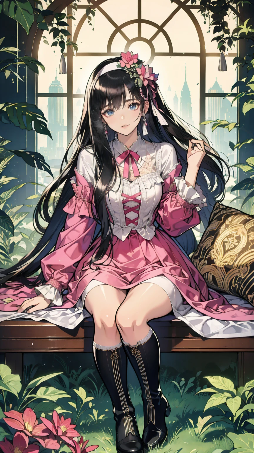   anime style 、story、、 Beautiful Girls、とてもcute天使、  pink gothic dress 、cute、、smile、  long skirt  、   black boots 、Very cute headband
