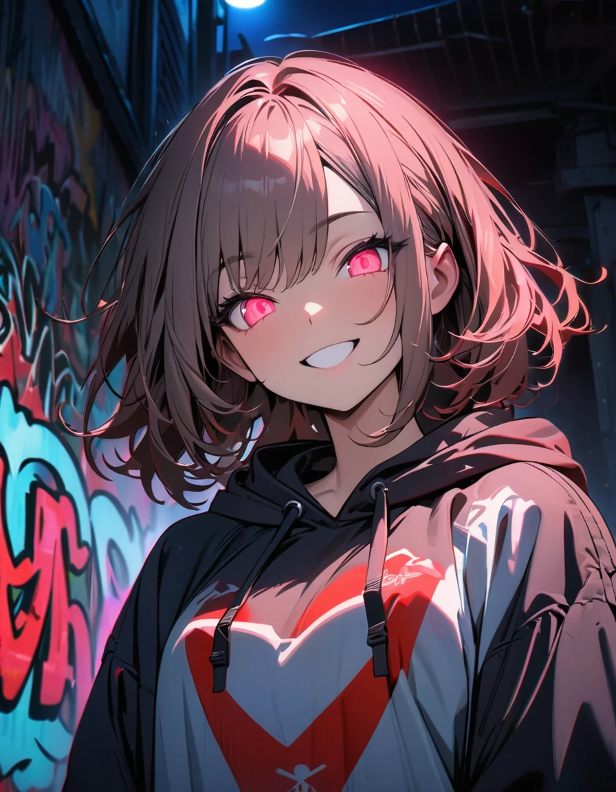 masterpiece, Best Quality, 8k, detailed background , masterpiece, Best Quality, smile,  ornament,  hoodie, Portraiture, Neon Red, graffiti, dark, night, Shining Eyes,  black light ,