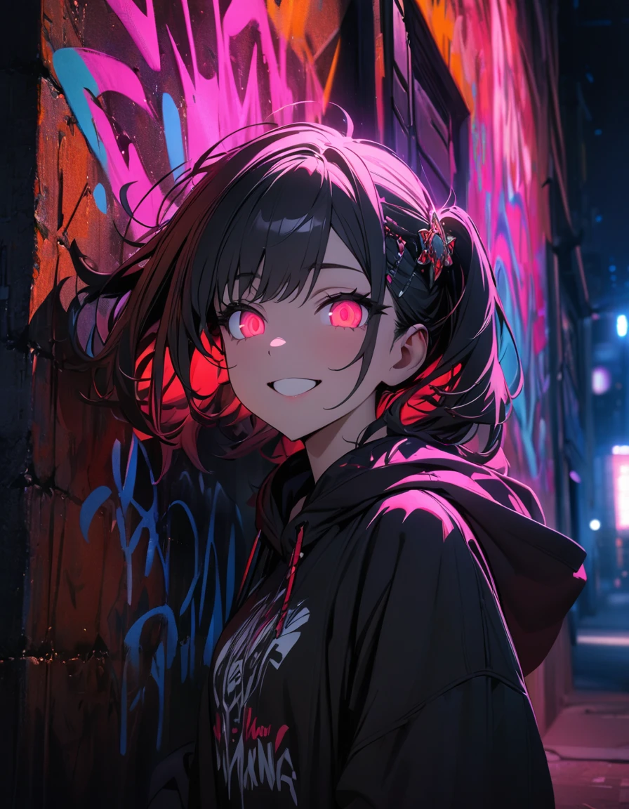 masterpiece, Best Quality, 8k, detailed background , masterpiece, Best Quality, smile,  ornament,  hoodie, Portraiture, Neon Red, graffiti, dark, night, Shining Eyes,  black light ,