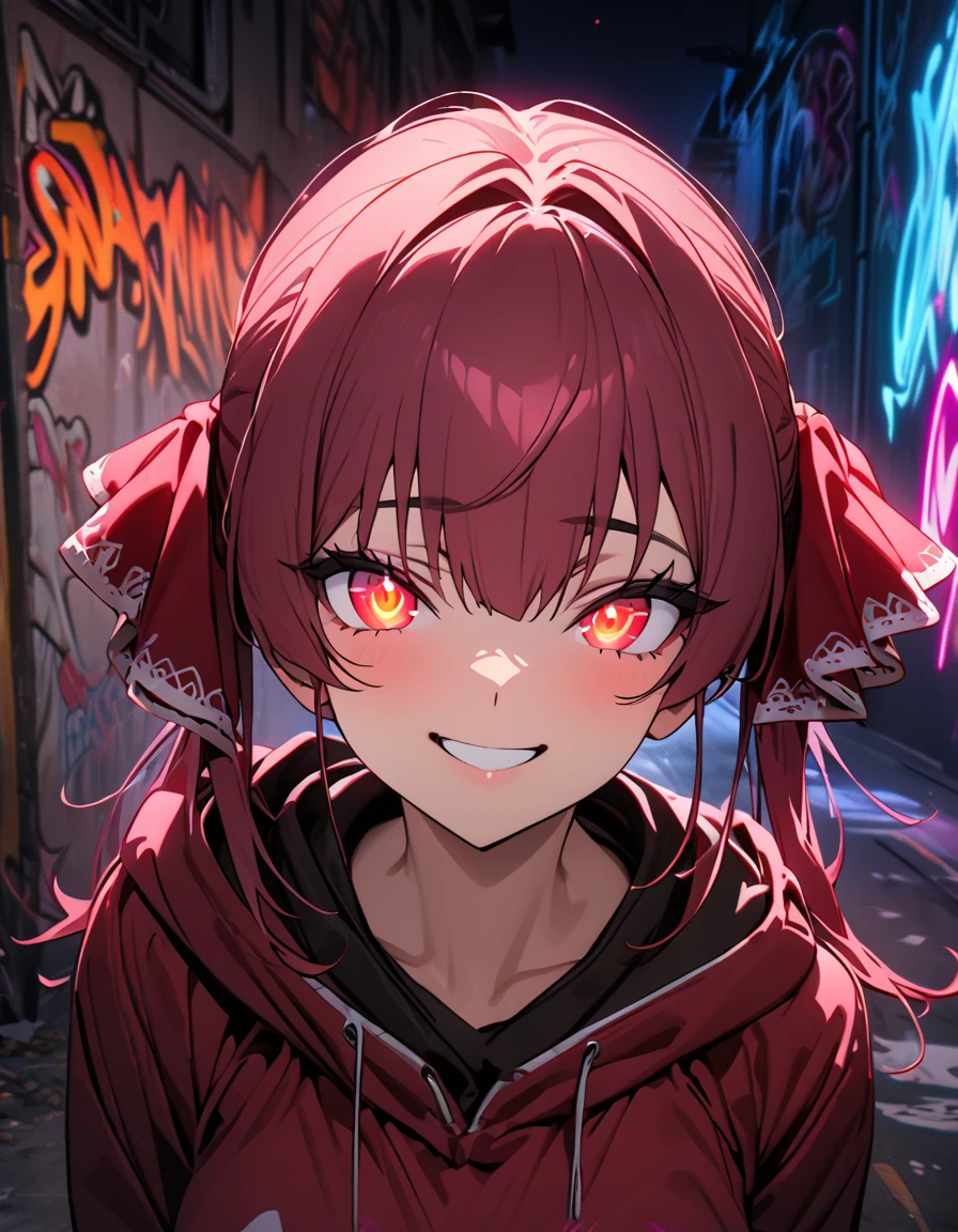 masterpiece, Best Quality, 8k, detailed background , masterpiece, Best Quality, smile,  ornament,  hoodie, Portraiture, Neon Red, graffiti, dark, night, Shining Eyes,  black light ,Houshou Marine