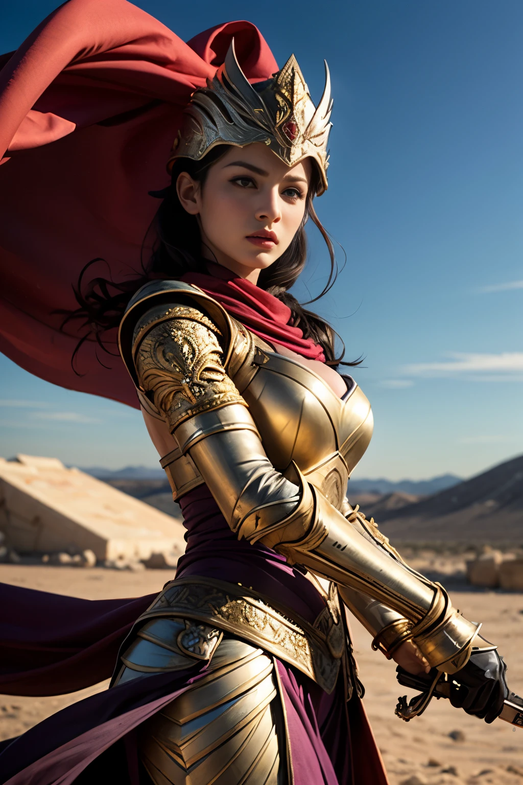 Portrait of a Space Marine woman, pronounced feminine feature, red and blue heavy armor, in the desert, detailed, cinematic composition, power armor, intricate details, eerie, highly detailed, 8k, art by artgerm and greg rutkowski and alphonse mucha, poor quality photo, blurry, reflective metal