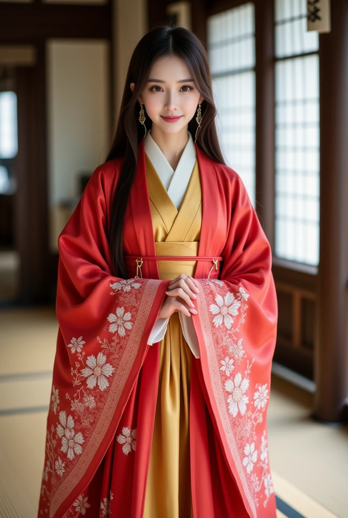 A photorealistic image of a young East Asian woman dressed in traditional Sengoku-era attire. She is wearing an ornate red uchikake (ceremonial kimono-style outer robe) with white and pink gradient patterns, resembling cherry blossoms or snowflakes. The uchikake drapes elegantly over a golden yellow kimono underneath, which is visible at the collar and hem. The woman has long, straight black hair, and her expression is peaceful and graceful, with her hands clasped gently in front of her. She stands in a traditional pose, embodying elegance and serenity. The background is simple and clean, emphasizing her traditional attire, with a soft focus on her garments and facial features. The overall atmosphere is tranquil, and the image highlights the beauty of traditional Japanese clothing from the Sengoku period.in a room of a japanese castle,