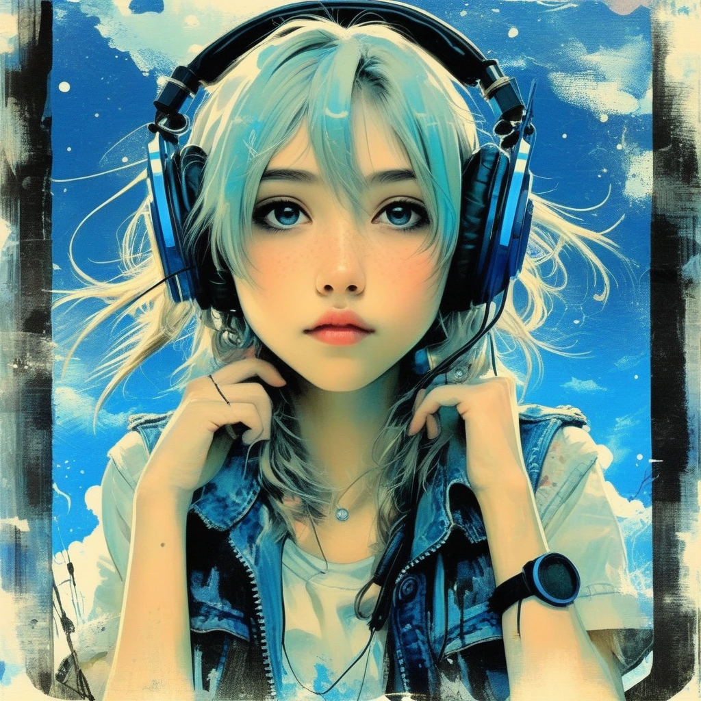 Droix 9: Punk Girl, blue headphones、ink, movie, expressive,  very detailed、Makoto Shinkai、