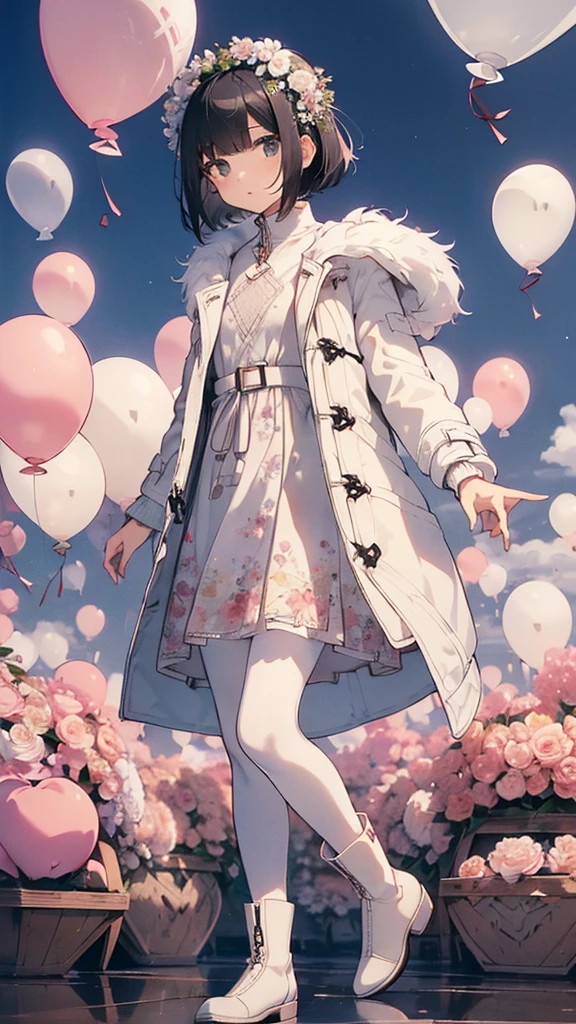 Best Quality, Official Art, masterpiece,(1 person:2.0), Neutral Men's ,( flat chest:1.3),(7 heads), Black Hair ,(Bob Cut Hair),light pink high neck knitted dress,(Floral flared skirt:1.2),(white duffle coat :1.3),Balloon sleeve,(white pantyhose), SHORT BOOTS WITH FUR 