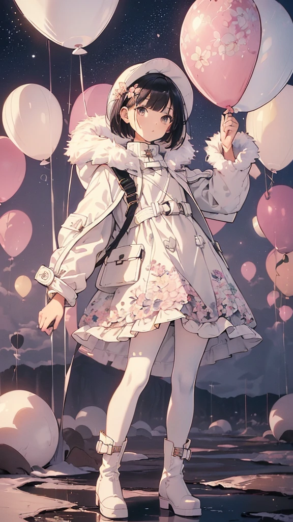 Best Quality, Official Art, masterpiece,(1 person:2.0), Neutral Men's ,( flat chest:1.3),(7 heads), Black Hair ,(Bob Cut Hair),(light pink high neck knitted dress),(Floral flared skirt:1.2),(white duffle coat :1.3),Balloon sleeve,(white pantyhose), SHORT BOOTS WITH FUR 