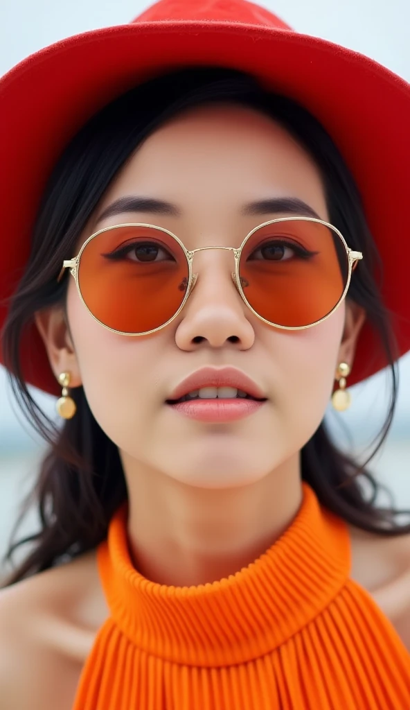 (photorealism:1.2), A  portrait of a young sexy Persian woman, with smooth skin, and a slender neck, wearing a vibrant, pleated orange blouse with a high collar that wraps around her neck. She has full, slightly parted lips with a natural pinkish tint. Her eyes are partially obscured by round, orange-tinted sunglasses with thin golden frames. The woman wears a wide-brimmed red hat that covers the top of her head and casts a soft shadow over her face. Her hair is tied back, with a few loose strands framing her face. 