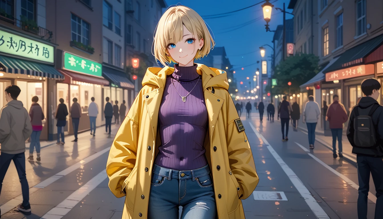 １A woman in her 30s、 very short cut hair 、walking in a night park、 Light Up 、 blue eyes、Blonde、closed-mouth smile、( small breasts)、 Slim Body 、 yellow hooded half coat 、turtleneck loose purple knitted sweater、no damage jeans