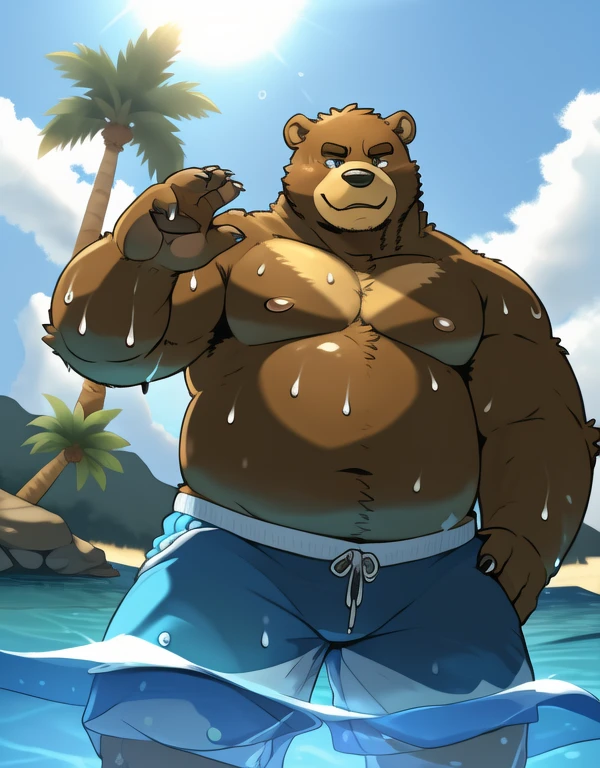 Very grizzly,   (corpulent, chubby, muscular, robust).     (shorts,  beautiful pubic).   (playa, Water, palm trees) Jump into the water 