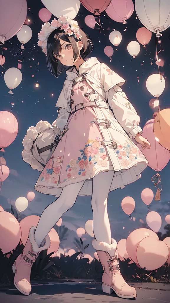 Best Quality, Official Art, masterpiece,(1 person:2.0), Neutral Men's ,( flat chest:1.3),(7 heads), Black Hair ,(Bob Cut Hair),(light pink knitted dress),(Floral flared skirt:1.2),(white duffle coat :1.3),Balloon sleeve,(pantyhose), SHORT BOOTS WITH FUR 