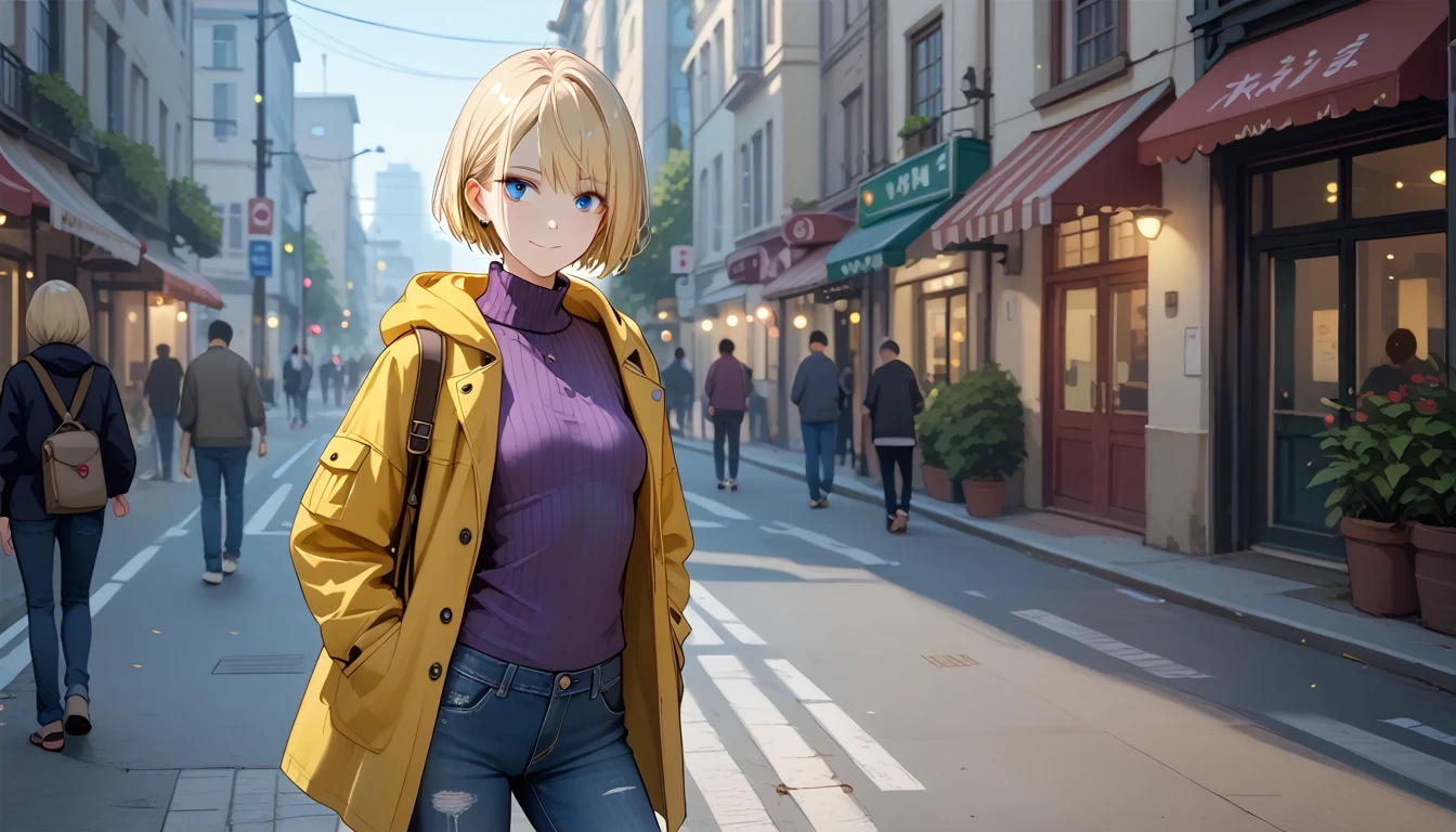 １A woman in her 30s、 very short cut hair 、walking in a night park、 Light Up 、 blue eyes、Blonde、closed-mouth smile、( small breasts)、 Slim Body 、 yellow hooded half coat 、turtleneck loose purple knitted sweater、no damage jeans