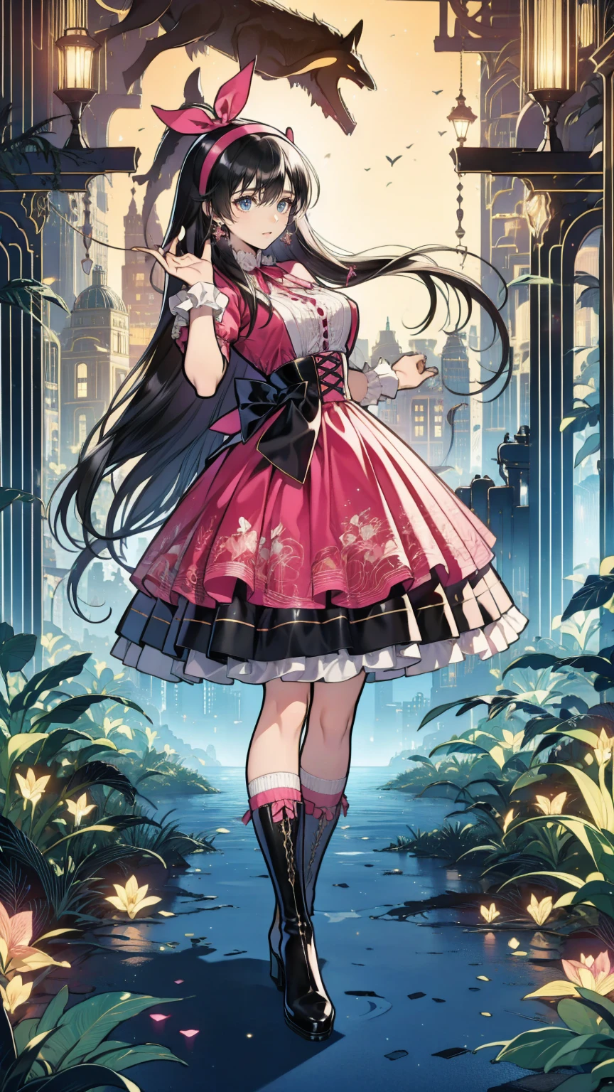   anime style 、story、、 Beautiful Girls、とてもcute天使、  pink gothic dress 、cute、baby face、smile、  long skirt  、   black boots 、Very cute headband
