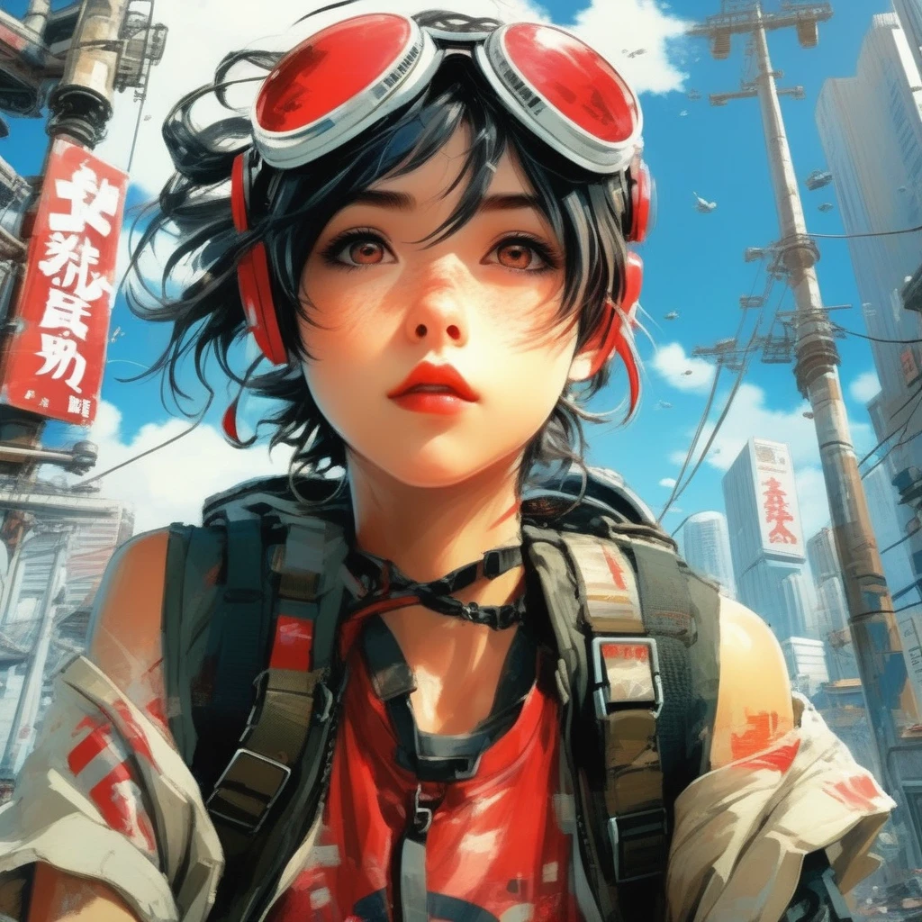 Droix 9: Punk Girl, Red goggles、ink, movie, expressive,  very detailed、Makoto Shinkai、anime、Slightly oblique angle