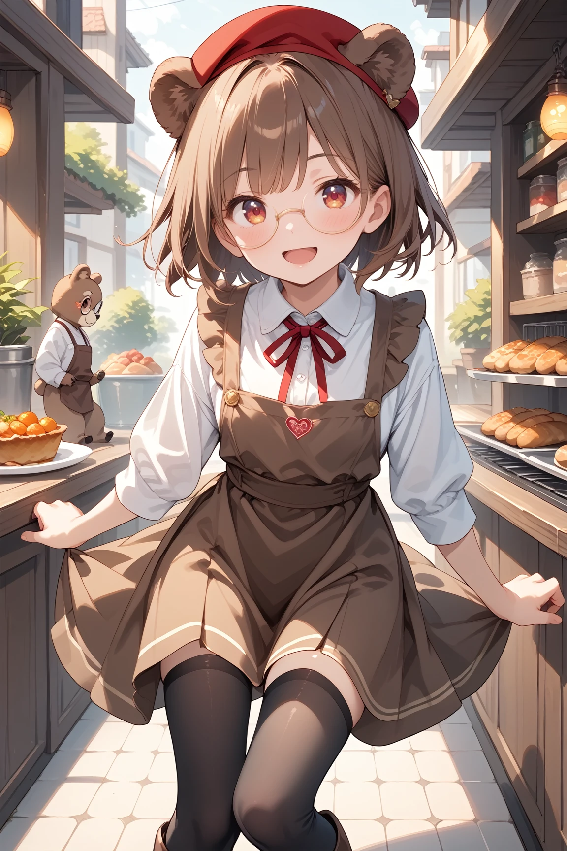 score_9, score_8_up, score_7_up, source_anime, 1girl, solo, brown bear ears, bear girl, brown hair, short bob,animal ear fluff, open mouth, looking at viewer, thighhighs, smile, blush, bangs, red beret, black tights, brown boots, round glasses, skirt, shirt, red ribbon neck, white shirt, brown apron, red eyes, brown skirt, red eyes, colorful,