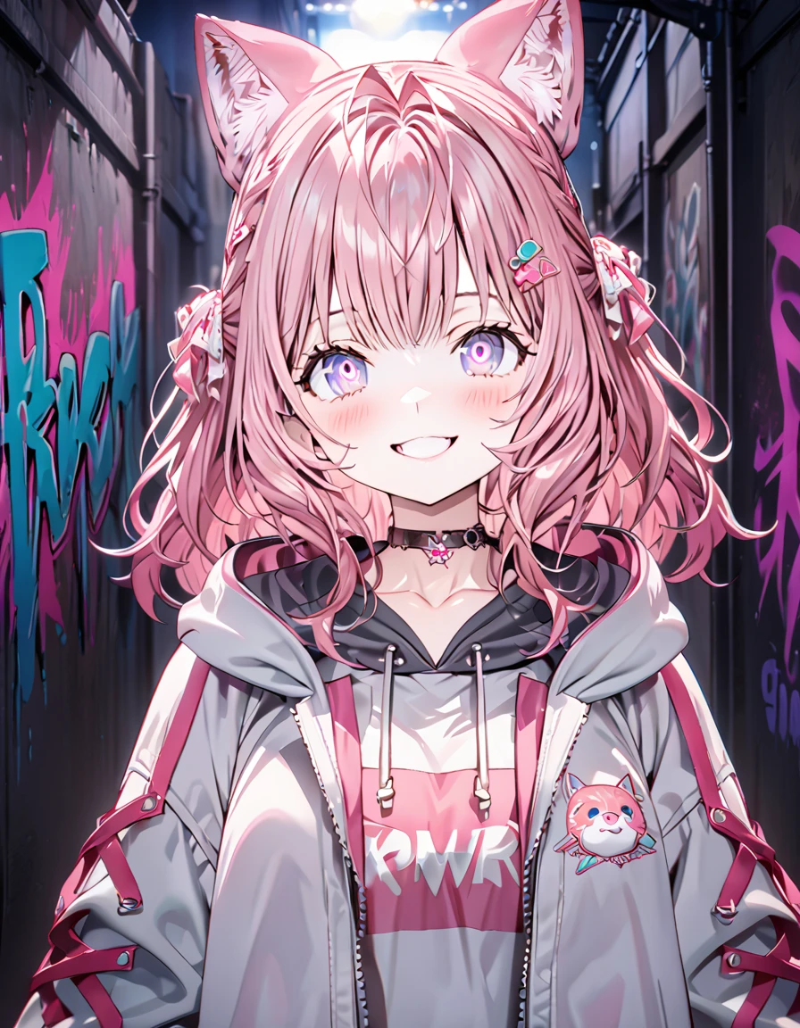 masterpiece, Best Quality, 8k, detailed background , masterpiece, Best Quality, smile,  ornament,  hoodie, Portraiture, Neon Pink, graffiti, dark, night, Shining Eyes,  black light ,Hiroi Koyori