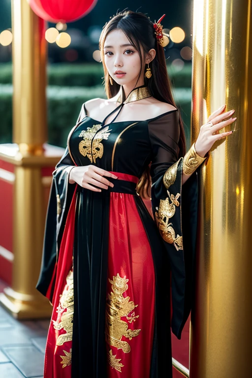 (((flowing transparent shiny textured red and black dress with golden ornaments))),flowers,long hair,brown hair,closed mouth,jewelry,long sleeves,wide sleeves,big eyes,floating hair,chinese clothes,sexy dress, hanfu,embroidery,long skirt,natural pose,outdoor,