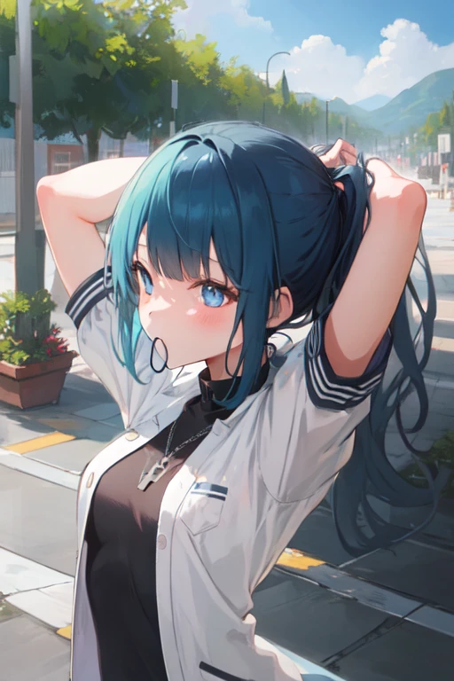 ((((Ultra Illustration Style:1.0)))),Best Quality, best anime,masterpiece, ray tracing,   global illumination  ,Put the barrette in your mouth , 1 girl, Alone,  upper body,  hidden by my hair, Outdoor 