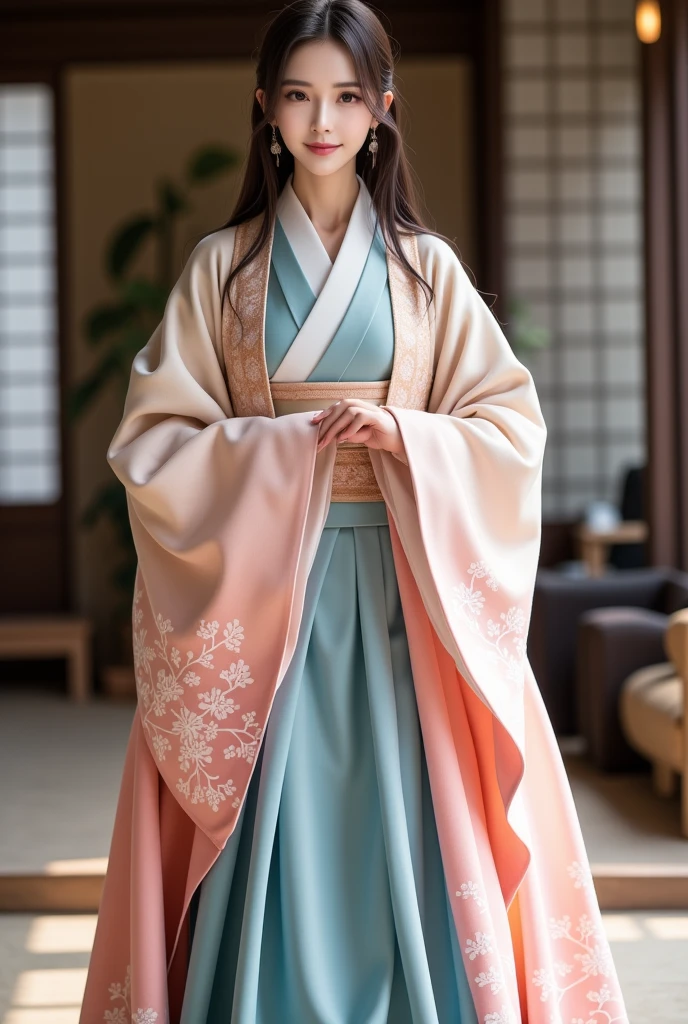 A photorealistic image of a young East Asian woman dressed in traditional Sengoku-era attire. She is wearing an ornate elegat uchikake (ceremonial kimono-style outer robe) with white and pink gradient patterns, resembling cherry blossoms or snowflakes. The uchikake drapes elegantly over a golden sky-blue kimono underneath, which is visible at the collar and hem. The woman has long, straight black hair, and her expression is peaceful and graceful, with her hands clasped gently in front of her. She stands in a traditional pose, embodying elegance and serenity. The background is simple and clean, emphasizing her traditional attire, with a soft focus on her garments and facial features. The overall atmosphere is tranquil, and the image highlights the beauty of traditional Japanese clothing from the Sengoku period.in a room of a japanese castle,