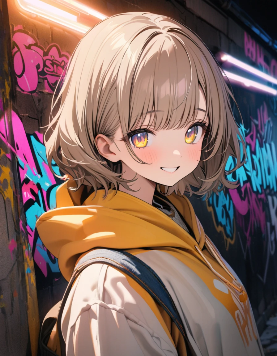 masterpiece, Best Quality, 8k, detailed background , masterpiece, Best Quality, smile,  ornament,  hoodie, Portraiture, Neon Yellow, graffiti, dark, night, Shining Eyes,  black light ,Shigure Ui