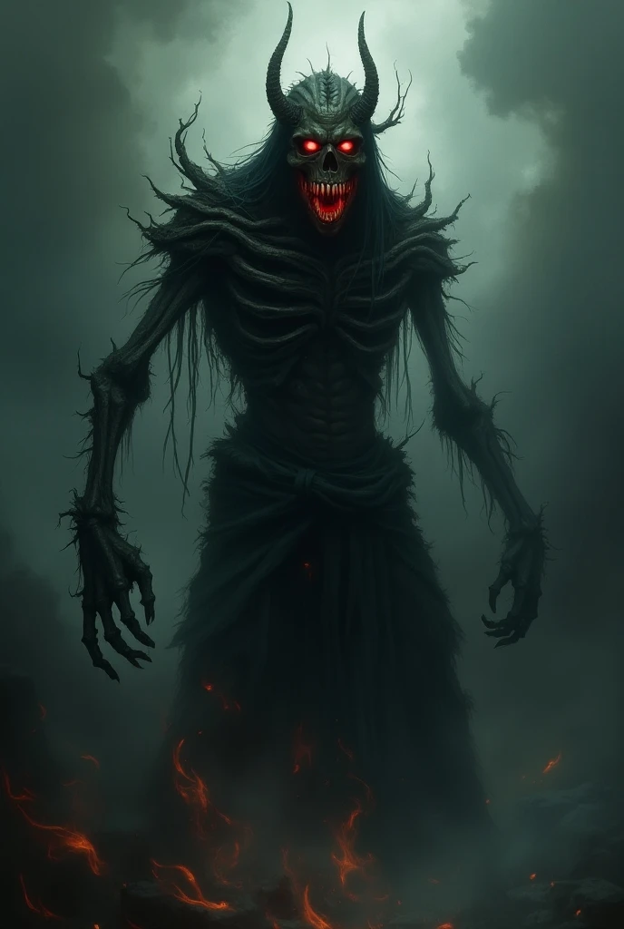 Ghouls are a type of genie that are often associated with remote places such as cemeteries or deserts. They are known to harass humans, kidnap and eat human flesh. In some stories, ghouls can change shape into animals or humans. Image: Creepy creature with a deformed face, hunched body, glowing red eyes, and sharp teeth.