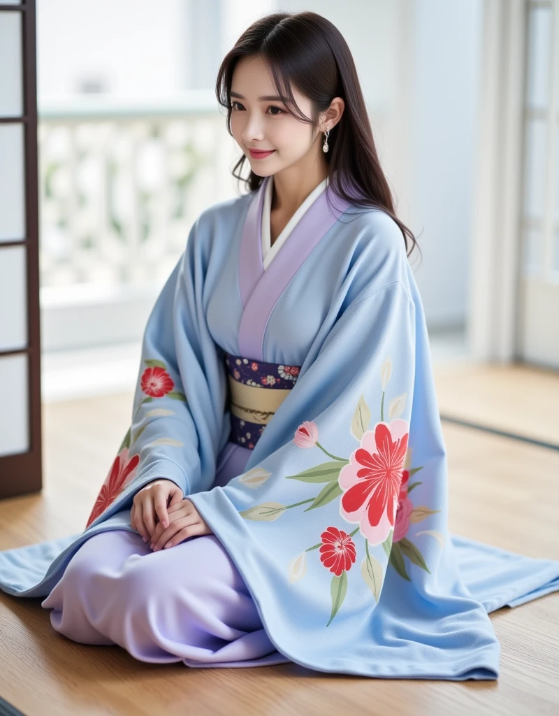 A photorealistic image of a young East Asian woman dressed in traditional Japanese attire. She is seated gracefully, wearing a light blue uchikake (ceremonial outer robe) adorned with large floral patterns in red and soft pink, with flowing wave-like lines in light green. Beneath the uchikake, she is wearing a soft lavender-colored kimono, with the collar slightly visible. The woman has long black hair that falls over her shoulders, and her expression is calm and serene. She is seated with her hands resting gently in her lap. Her feet are wearing traditional zori sandals, matching the formal nature of the outfit. The hem of her robes falls naturally around her legs as she sits, giving a sense of elegance and comfort. The overall scene highlights the beauty of traditional Japanese attire, with a simple white background that focuses attention on the details of her clothing and posturein a room of a japanese castle