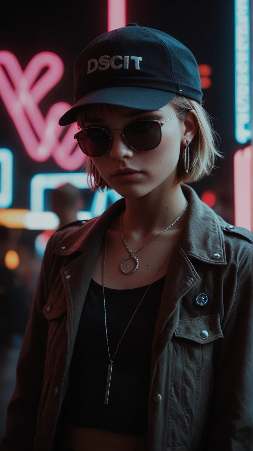 facial close-up，Alternative Girl， Seen Through Black Sunglasses，jacket，necklace， Neon Reflections on Skin ，earrings，make up，Skin blemishes，Short hair，Little Hat ， Neon Background ，Low Light，Depth of Field， Height Details ， High Contrast ， film grain ，edge light，Long Exposure， DSLR 