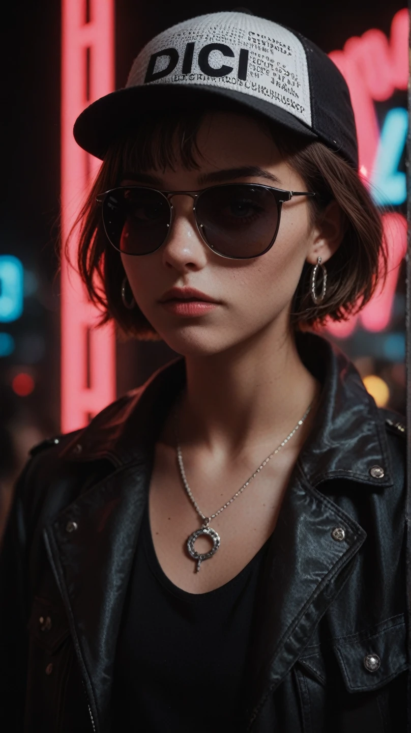 facial close-up，Alternative Girl， Seen Through Black Sunglasses，jacket，necklace， Neon Reflections on Skin ，earrings，make up，Skin blemishes，Short hair，Little Hat ， Neon Background ，Low Light，Depth of Field， Height Details ， High Contrast ， film grain ，edge light，Long Exposure， DSLR 