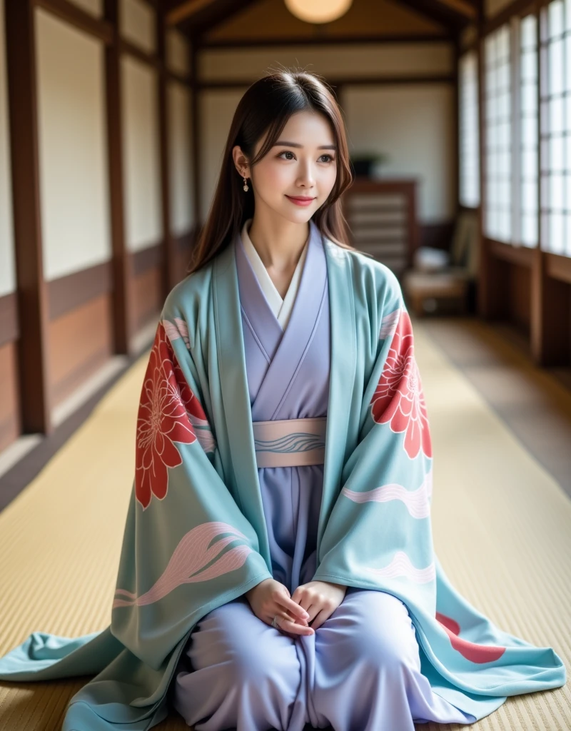 A photorealistic image of a young East Asian woman dressed in traditional Japanese attire, seated gracefully on a tatami mat inside a Heian-era Japanese palace. She is wearing a light blue uchikake (ceremonial outer robe) adorned with large floral patterns in red and soft pink, with flowing wave-like lines in light green. The uchikake is loosely draped over her shoulders, with her arms inside, showcasing its luxurious fabric. Beneath the uchikake, she is wearing a soft lavender-colored kimono, with the collar slightly visible. The woman has long black hair that falls elegantly over her shoulders, and her expression is calm and serene. She is seated in a traditional seiza position, with her hands gently resting in her lap. The tatami mat beneath her complements the traditional atmosphere, and the room around her features sliding paper doors (fusuma), wooden pillars, and soft natural light filtering in from outside. The hem of her robes falls gracefully around her legs, with the uchikake elegantly draped to the sides. The overall image highlights the beauty of traditional Japanese attire and the serene, historical ambiance of the palace setting.