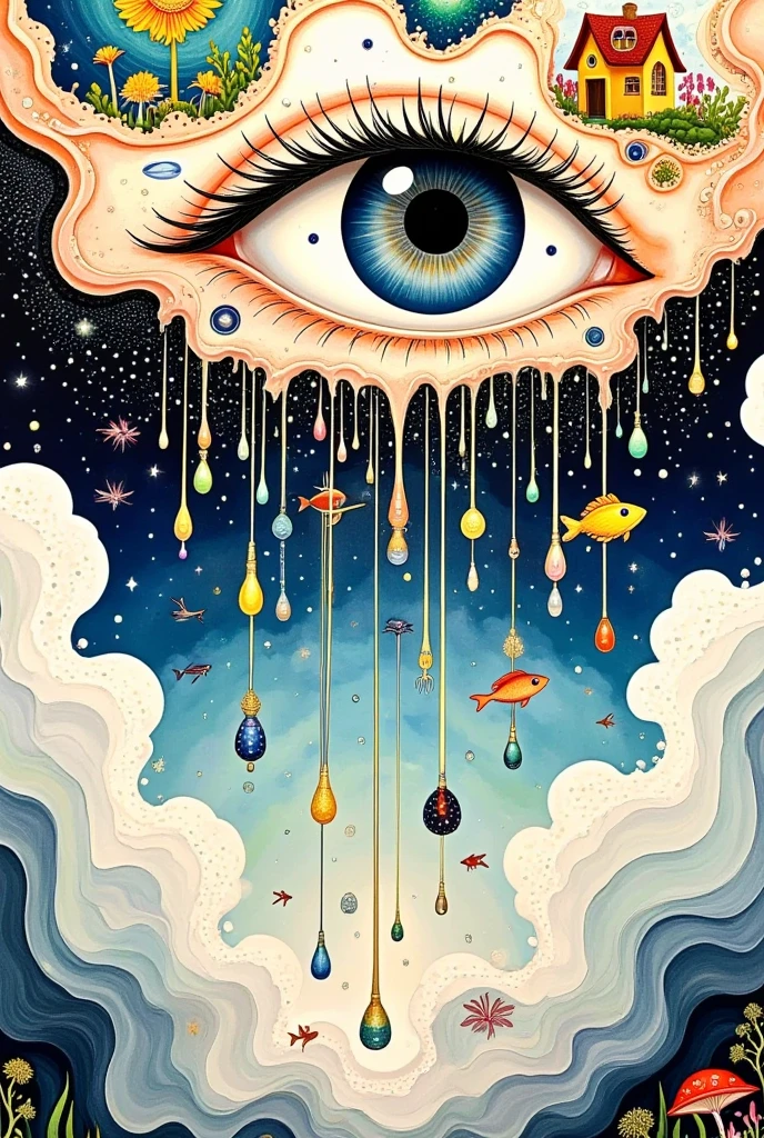 An abstract painting， Draw an eye：The house on the eye，flower pupil，Pearl tears。Tears Falls，fish，Fantasy illustrations，Layered clouds 