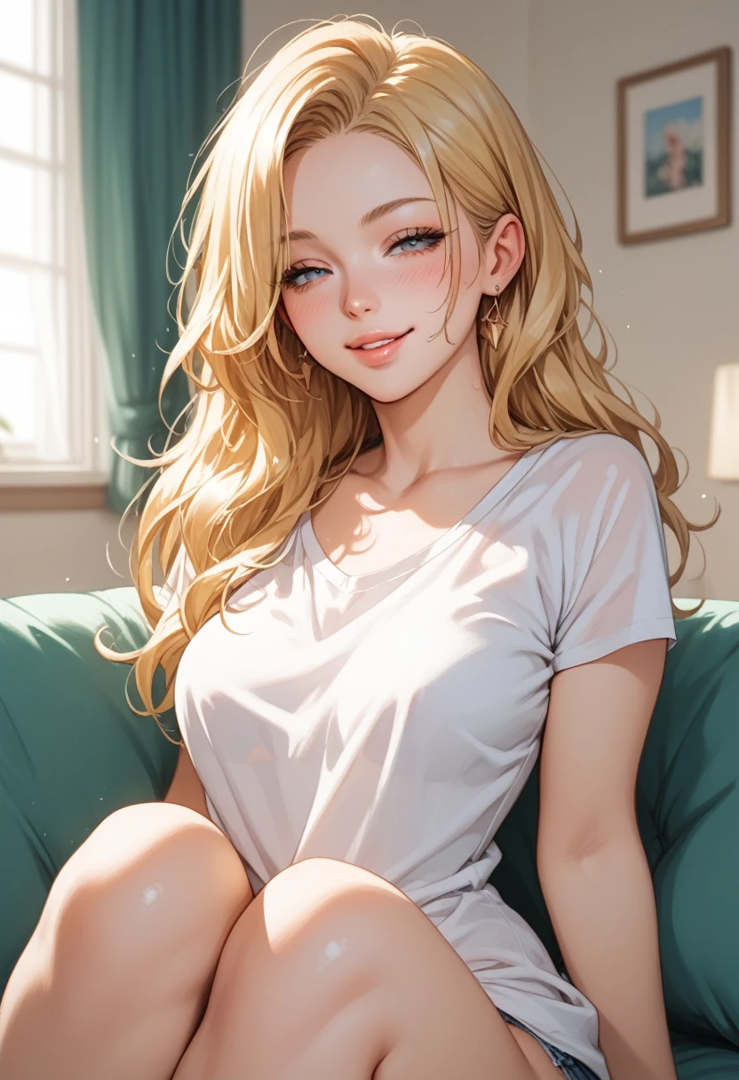 perfect details,   a sexy woman wearing her wavy and long blonde hair,  looking seductively and smiling,  half-closed eyes   ,soft lips, blushed intensely,  wide white t-shirt   , thick thighs ,And Caminho ,seductive pose, medium chest,   perfect body  , 